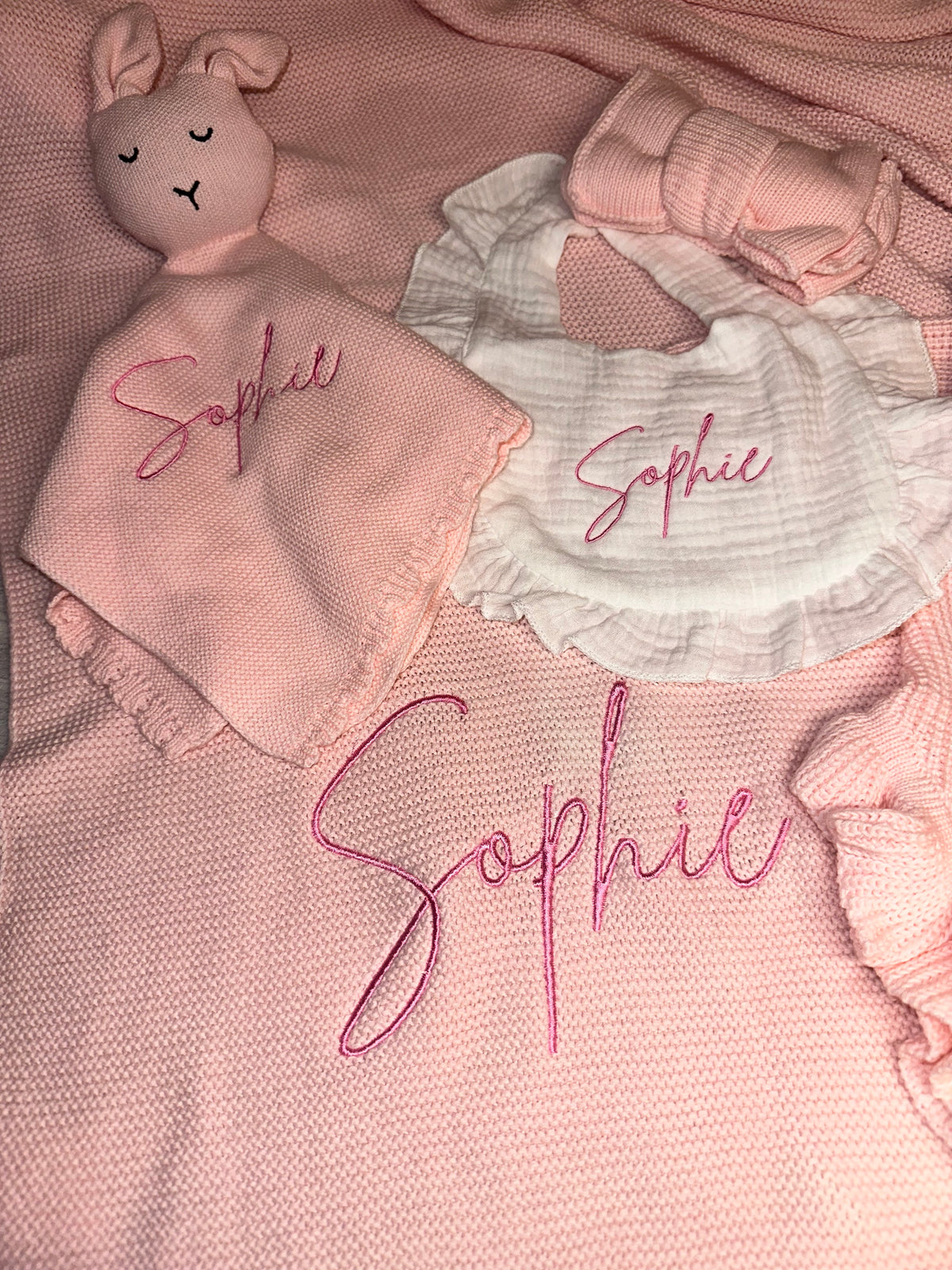 Personalised Baby Bundle - Romper & Bootie set, Blanket, Teddy Comforter, Bib & Accessory