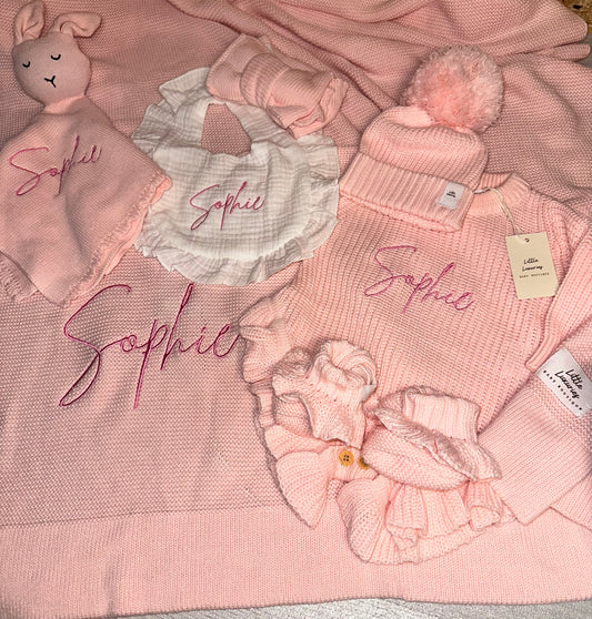 Personalised Baby Bundle - Romper & Bootie set, Blanket, Teddy Comforter, Bib & Accessory
